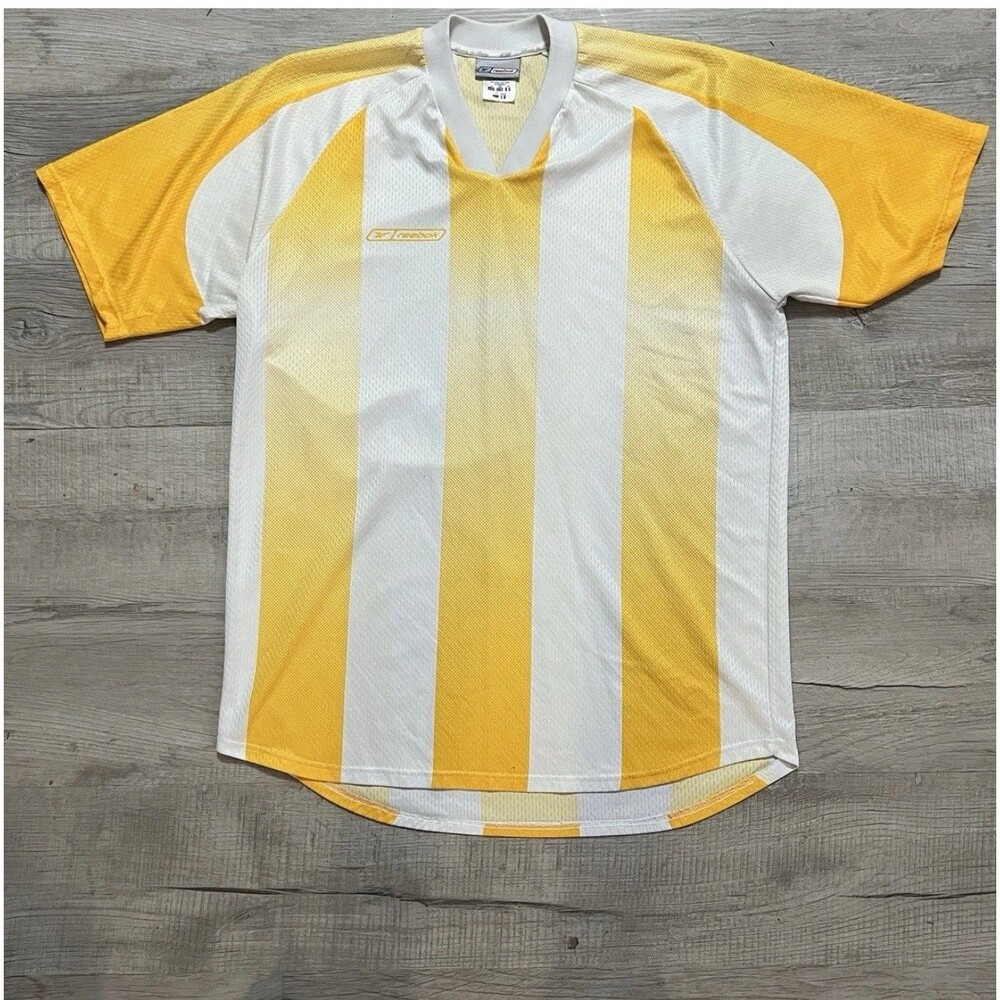 Vintage Reebok Soccer Jersey XL Made in Italy Yellow White Stripe Football Shirt